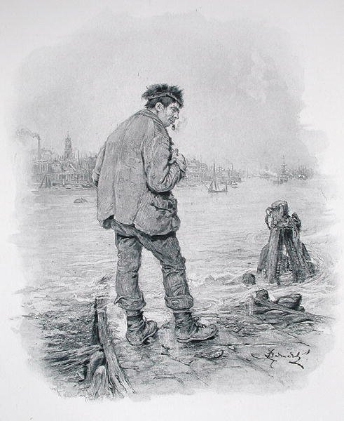 Rogue Riderhood at Limehouse Hole, från "Charles Dickens: A Gossip about his Life", av Thomas Archer, publicerad ca 1894 (litho) av Frederick Barnard