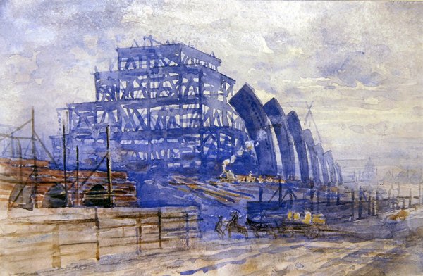 Byggandet av tågskjulet, St. Pancras Station av Frederick Barnard