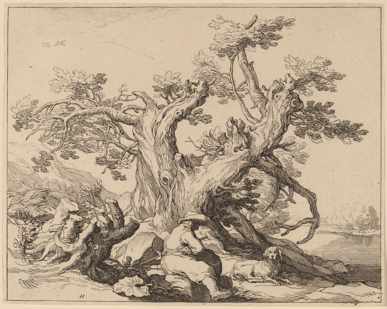 En man och hans hund vilar vid ett stort träd av Frederick Bloemaert after Abraham Bloemaert