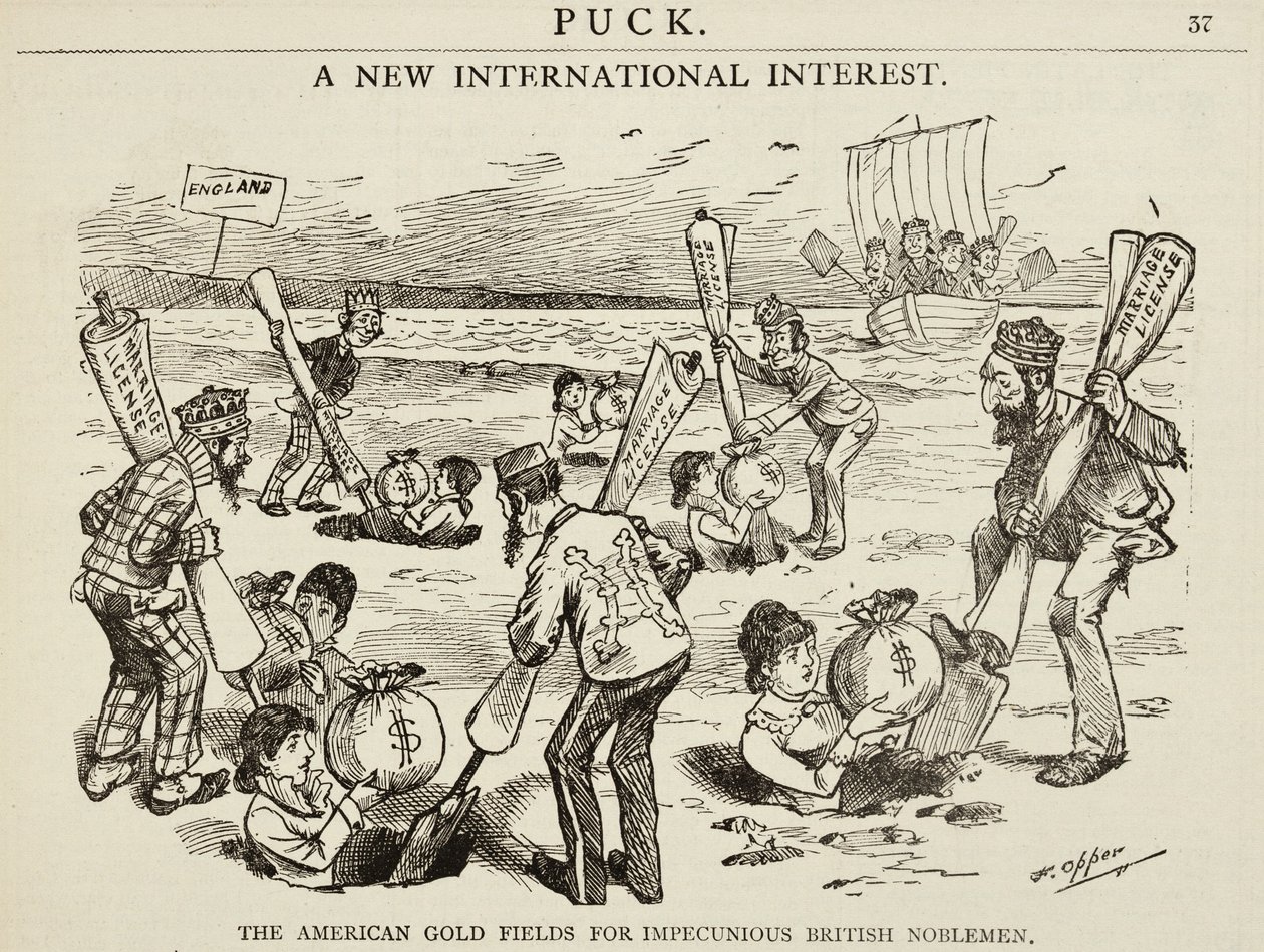 Tecknad film föreställande "The American Gold Fields for Impecunious British Noblemen", 1880 av Frederick Burr Opper