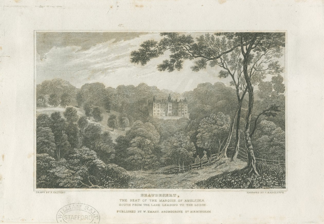 Beaudesert Hall and Park: gravyr, nd [c 1830] av Frederick Calvert