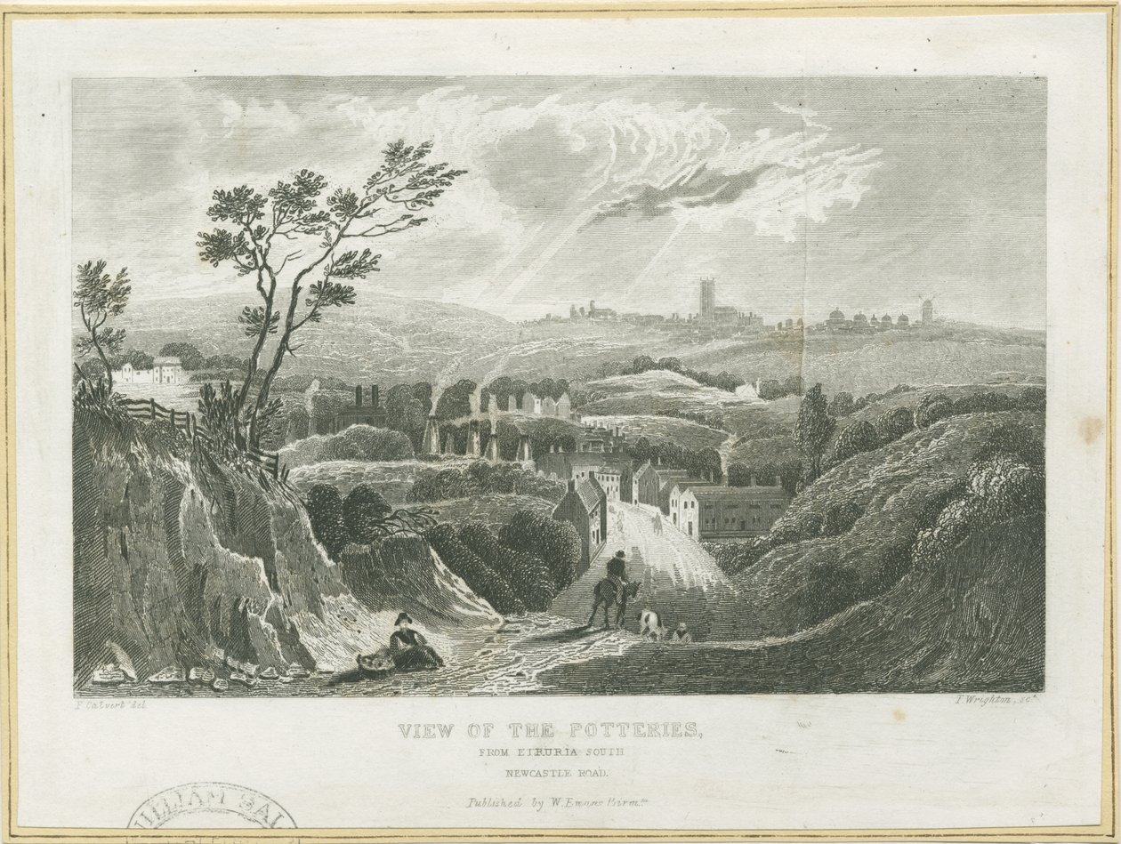 Burslem - View of the Potteries: gravyr, nd [c 1830-talet] av Frederick Calvert