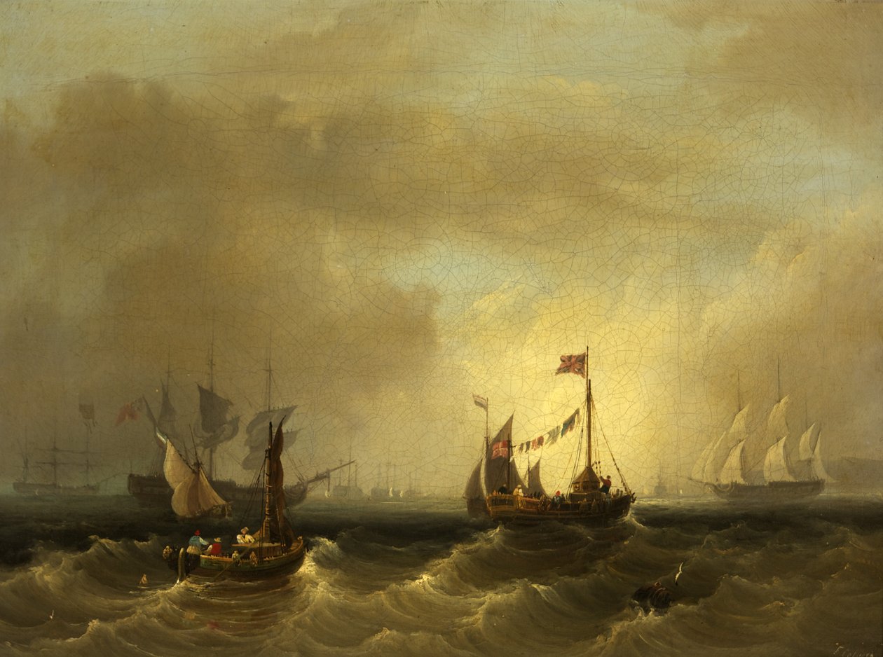 Havslandskap med båtar (olja på duk) av Frederick Calvert