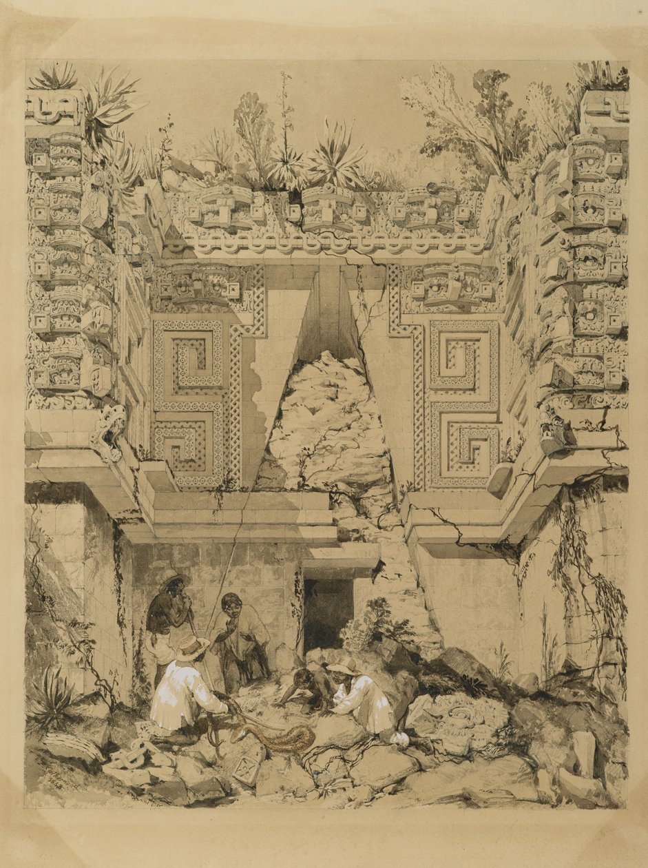 Archway, Casa del Gobernador, Uxmal, Yucatan, 1843 (sepia bläck & tvätt på vävt papper) av Frederick Catherwood