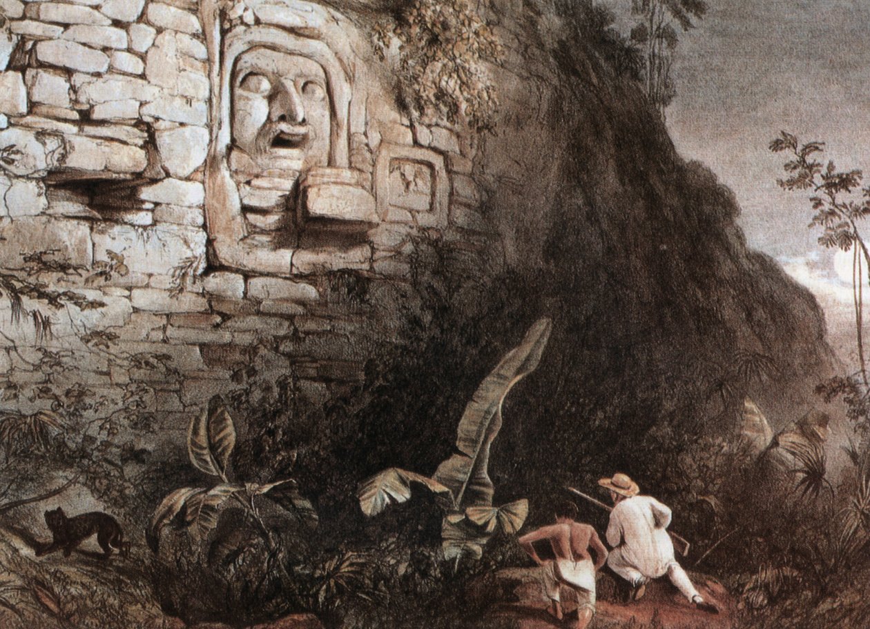 Jägare och hans guide framför mayahuvudet Itzam Na av Frederick Catherwood
