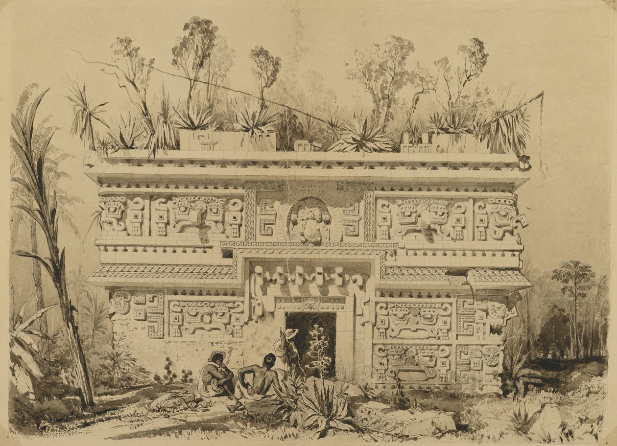 Las Monjas, Chichen Itza, Yucatan, 1843 (sepia bläck & tvätt på vävt papper) av Frederick Catherwood