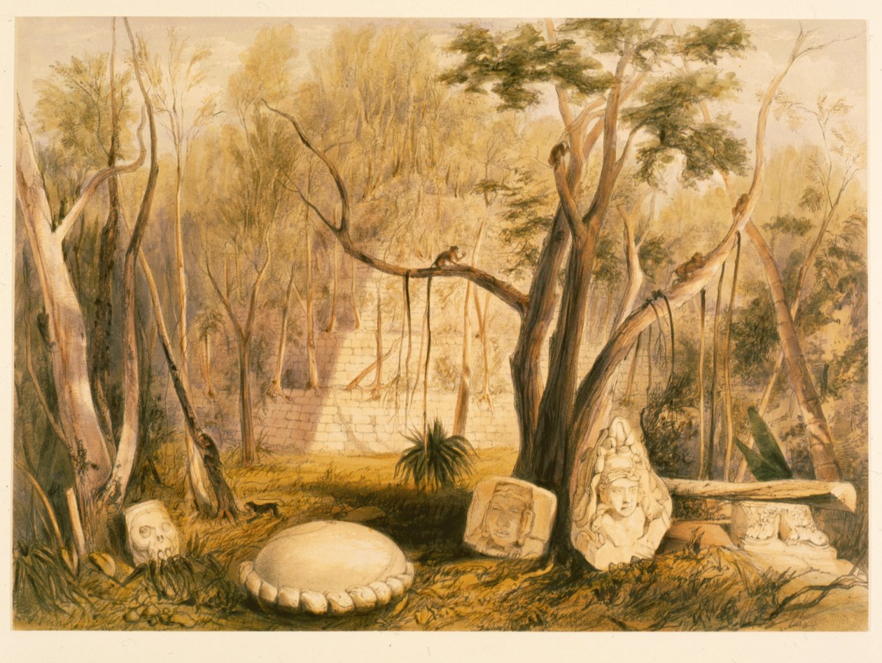 Pyramidal byggnad och fragment av skulptur vid Copan, illustration från "Incidents of Travel in Central America, Chiapas and Yucatan" av John Lloyd Stephens, 1844 av Frederick Catherwood