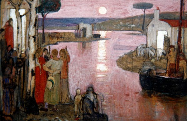 Kvällsidyll, ca 1910 (tempera på svart krita ombord) av Frederick Cayley Robinson