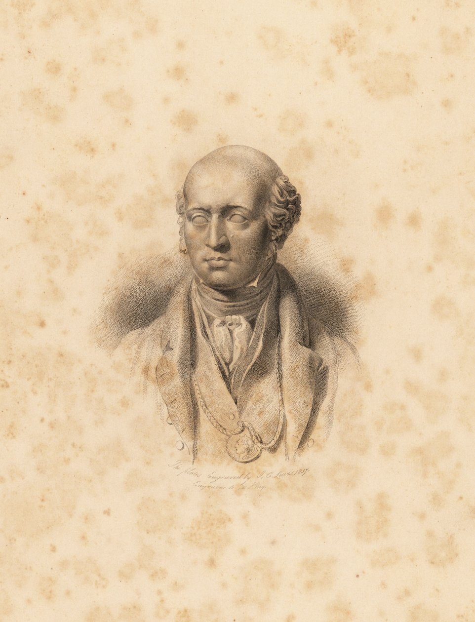 Porträttbyst av konstnären Sir Thomas Lawrence. Gravyr av Frederick Christians Lewis efter en illustration av Sir Thomas Lawrence från P.G. Patmore