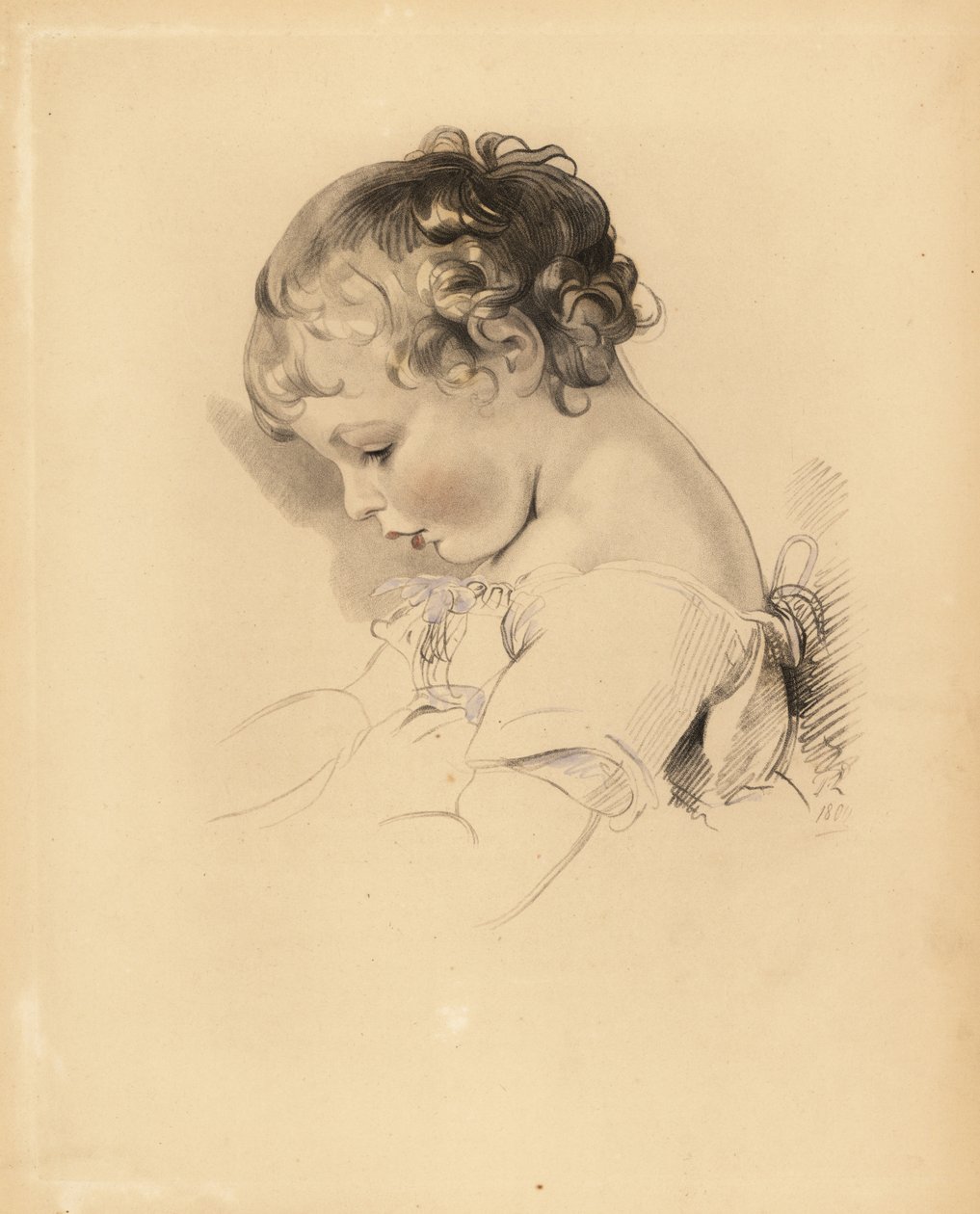 Porträtt av Henry Bloxam, brorson till Sir Thomas Lawrence. Pojke i klänning med blått band. Handtonad gravyr av Frederick Christian Lewis efter en illustration av Sir Thomas Lawrence från P.G. Patmore