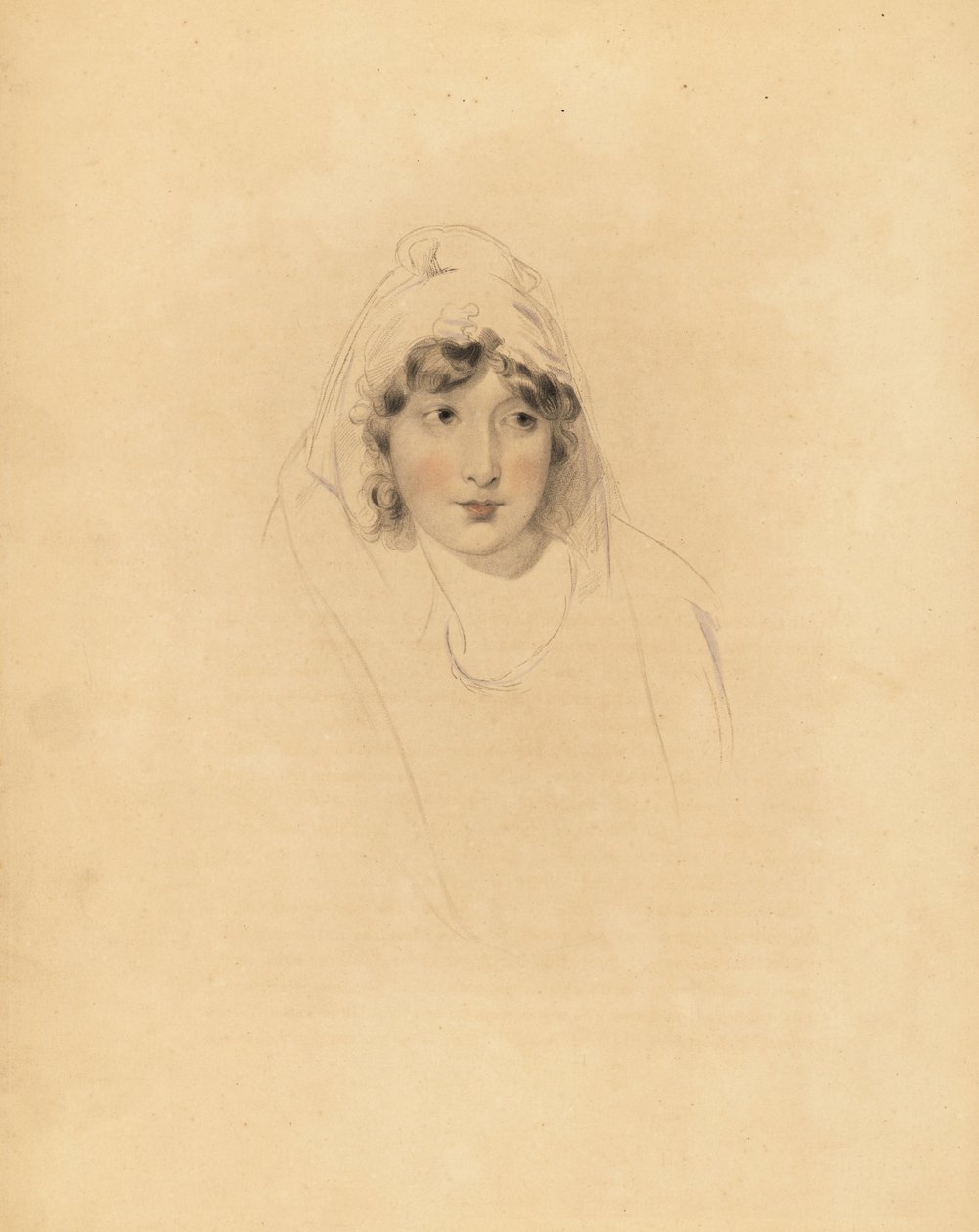 Porträtt av Lady Augusta Lowther, grevinnan av Fane, hustru till 1:e earlen av Lonsdale. Handtonad gravyr av Frederick Christian Lewis efter en illustration av Sir Thomas Lawrence från P.G. Patmore