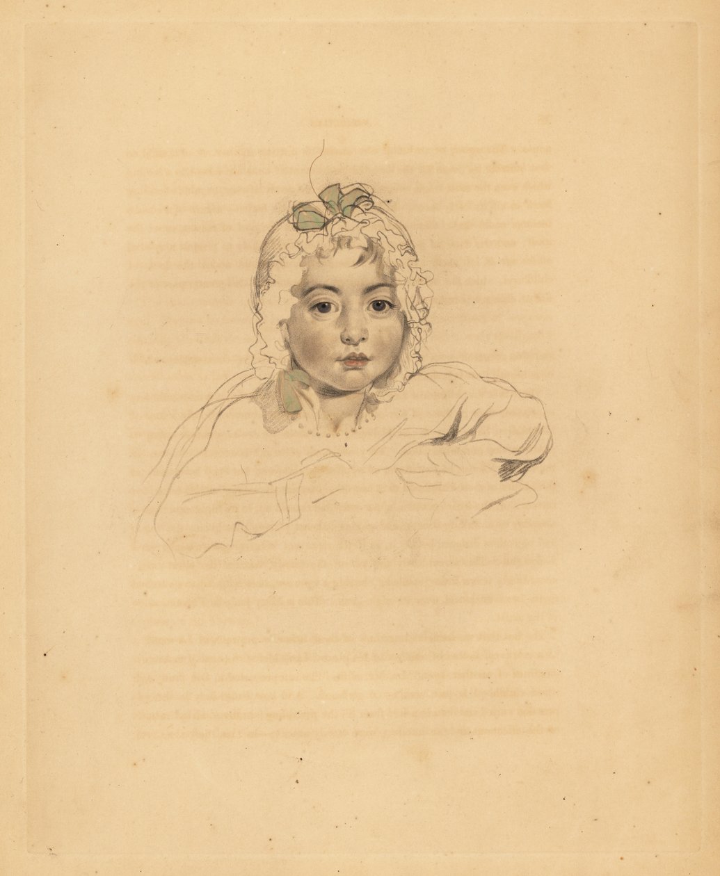 Porträtt av Mary Isabella Bloxam, brorsdotter till Sir Thomas Lawrence. I motorhuv med band. Handtonad gravyr av Frederick Christian Lewis efter en illustration av Sir Thomas Lawrence från P.G. Patmore