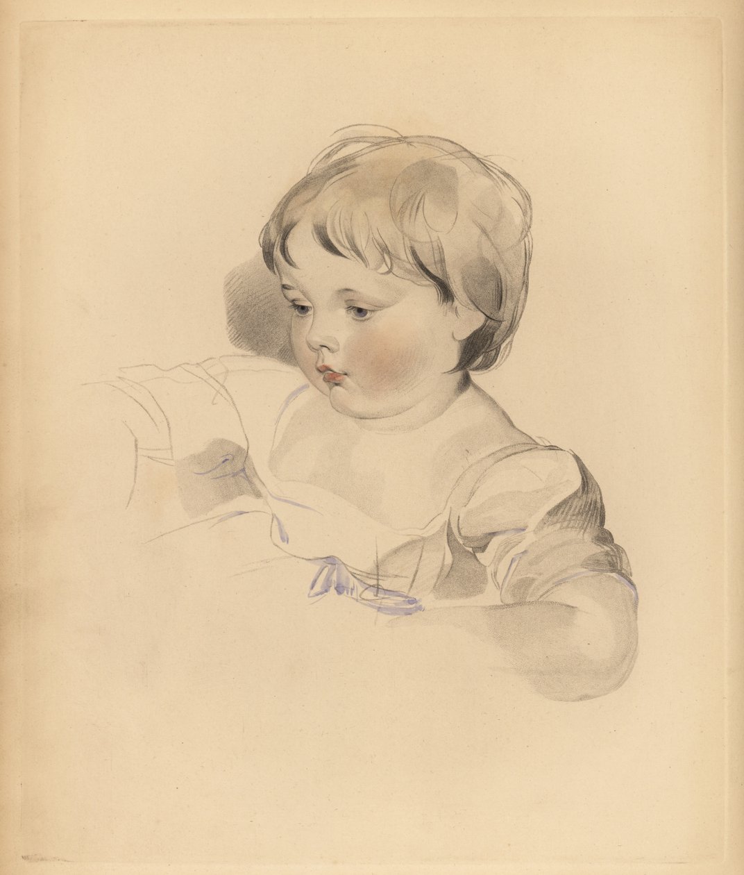 Porträtt av Rowland Bloxam, brorson till Sir Thomas Lawrence. Knubbig pojke i klänning bunden med blått band. Handtonad gravyr av Frederick Christian Lewis efter en illustration av Sir Thomas Lawrence från P.G. Patmore