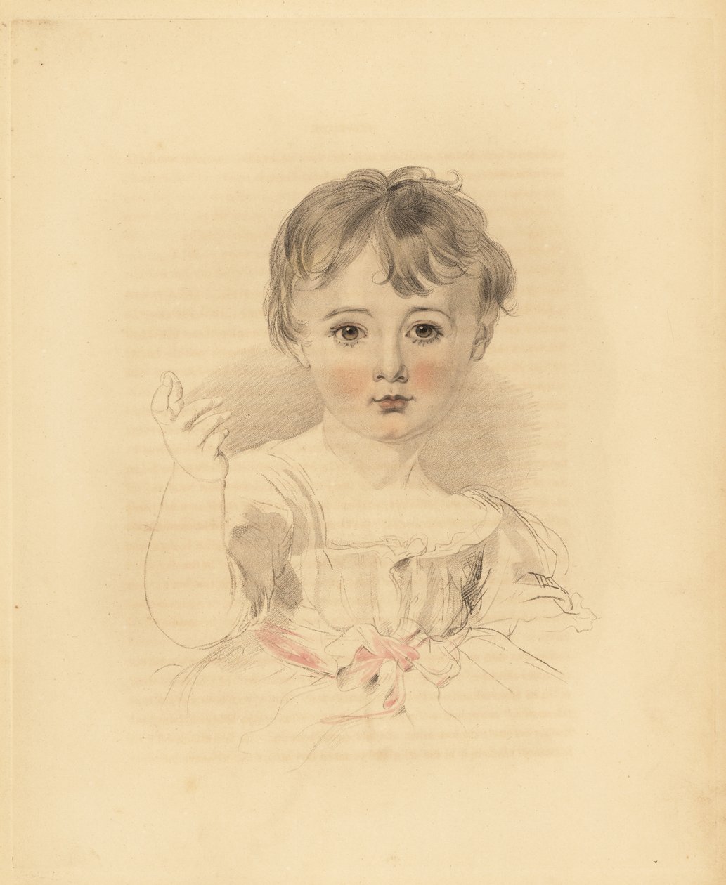 Porträtt av Thomas Lawrence Bloxam, brorson till Sir Thomas Lawrence. I klänning knuten med ett rosa band. Handtonad gravyr av Frederick Christian Lewis efter en illustration av Sir Thomas Lawrence från P.G. Patmore