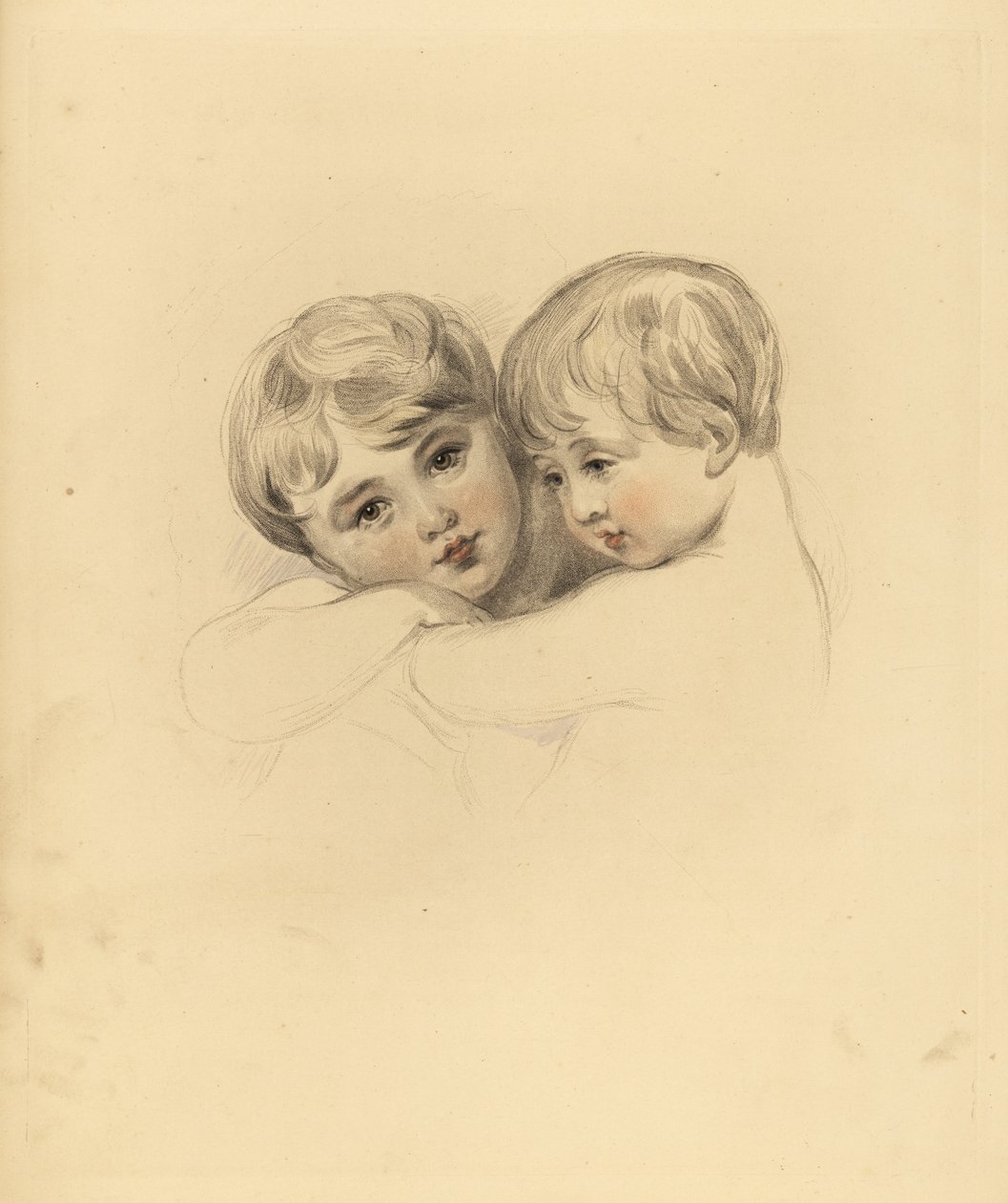 Porträtt av Calmeady-barnen i en omfamning. Handtonad gravyr av Frederick Christian Lewis efter en illustration av Sir Thomas Lawrence från P.G. Patmore