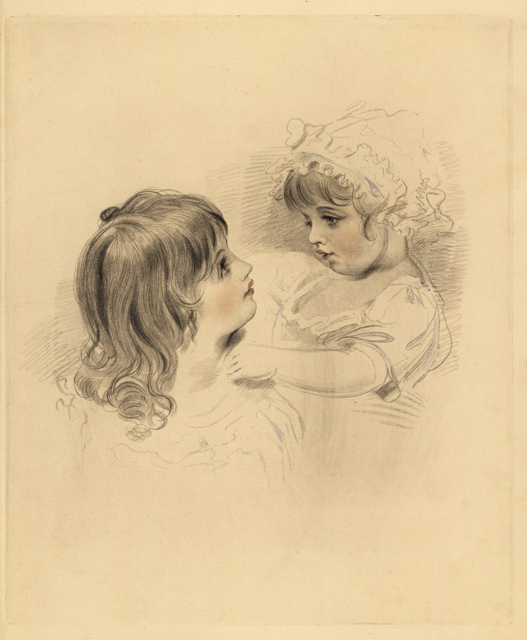 Porträtt av två barn. Den äldre håller ett motvilligt yngre barn i huva och klänning. Handtonad gravyr av Frederick Christian Lewis efter en illustration av Sir Thomas Lawrence från P.G. Patmore