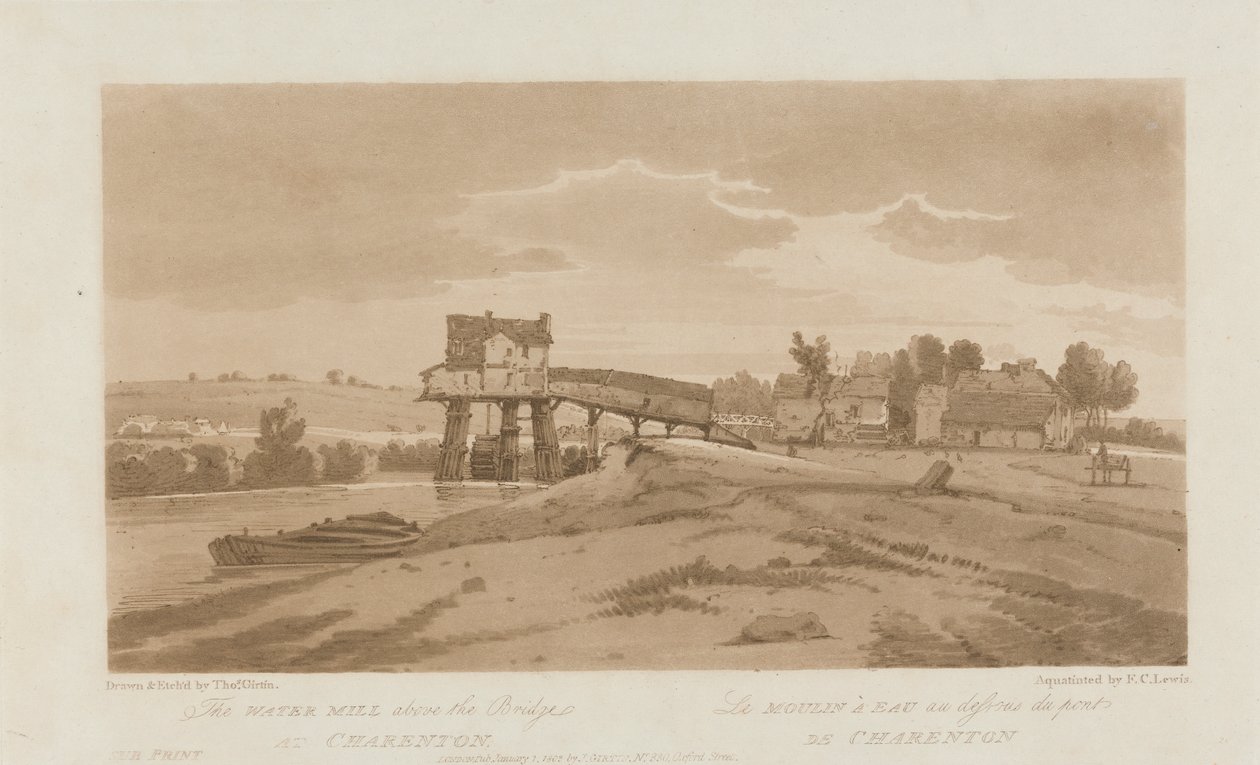 Vattenkvarnen ovanför bron vid Charenton 1803; Skylt 20 från Views in Paris, Emanuel Volume-spårningen av plattan B181.25.2629 av Frederick Christian Lewis the Elder
