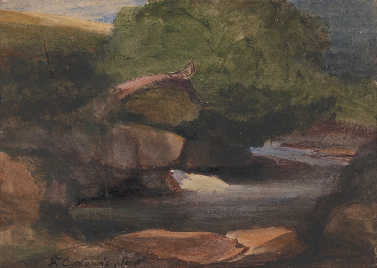 Träd och en stenig ström av Frederick Christian Lewis the Elder
