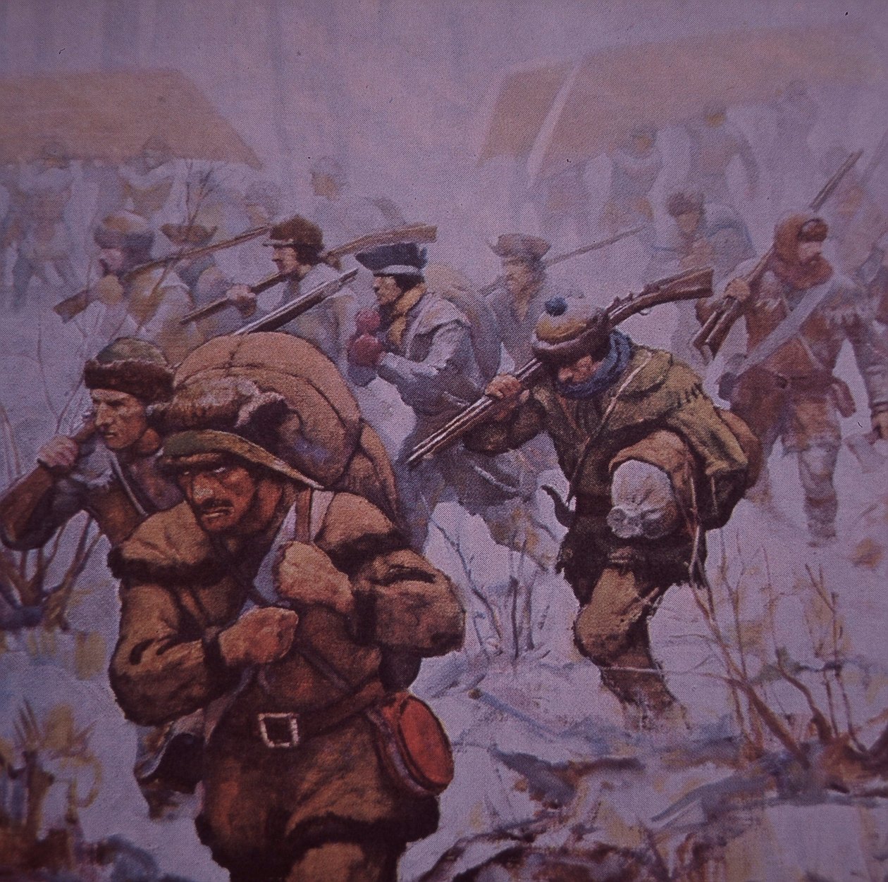 Den amerikanska invasionen av Kanada. Benedict Arnolds soldater marscherade från Boston till Quebec 1775, ca 1930 (färg litho) av Frederick Coffay (after) Yohn