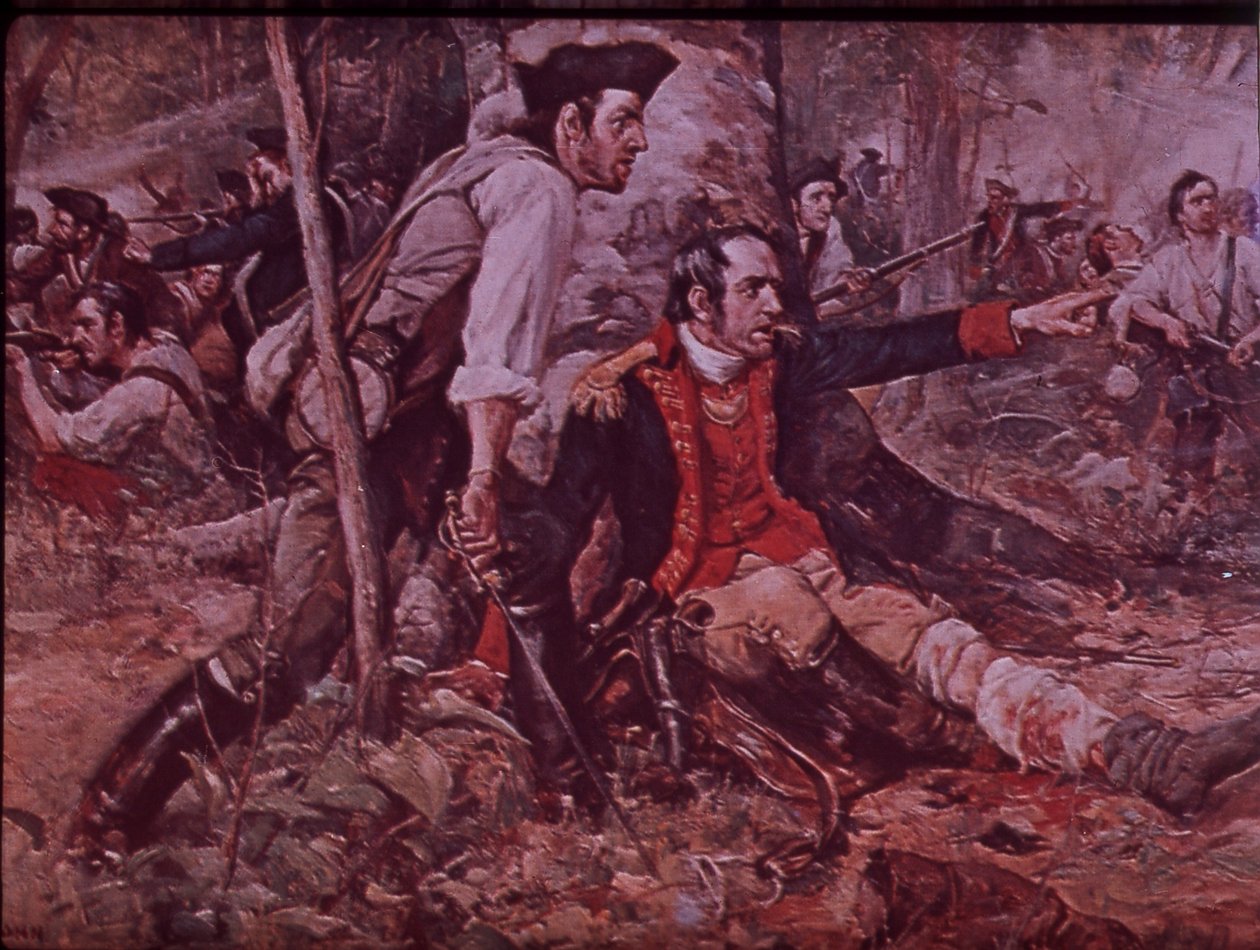 Slaget vid Oriskany 1777, ca 1930 (färg litho) av Frederick Coffay (after) Yohn