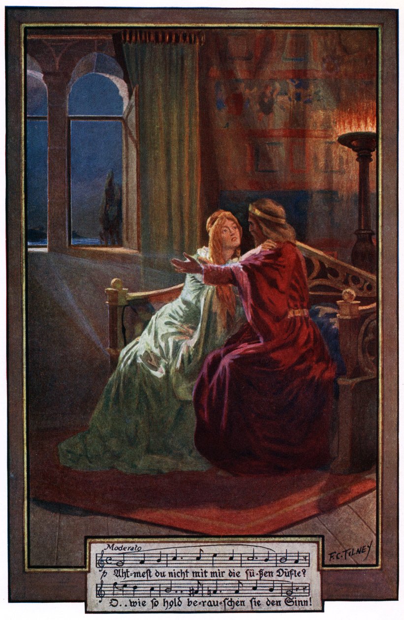 Riddaren försöker undanröja Elsas tvivel, illustration från "Wagner