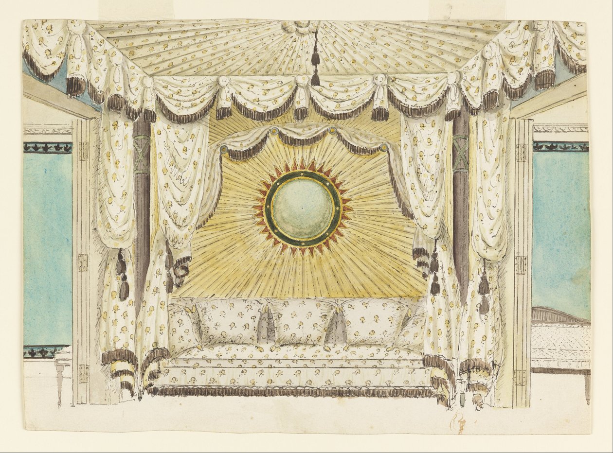 Design för säng med tältalkov, förmodligen för prinsen av Wales sovrum eller Boudoir, Royal Pavi av Frederick Crace