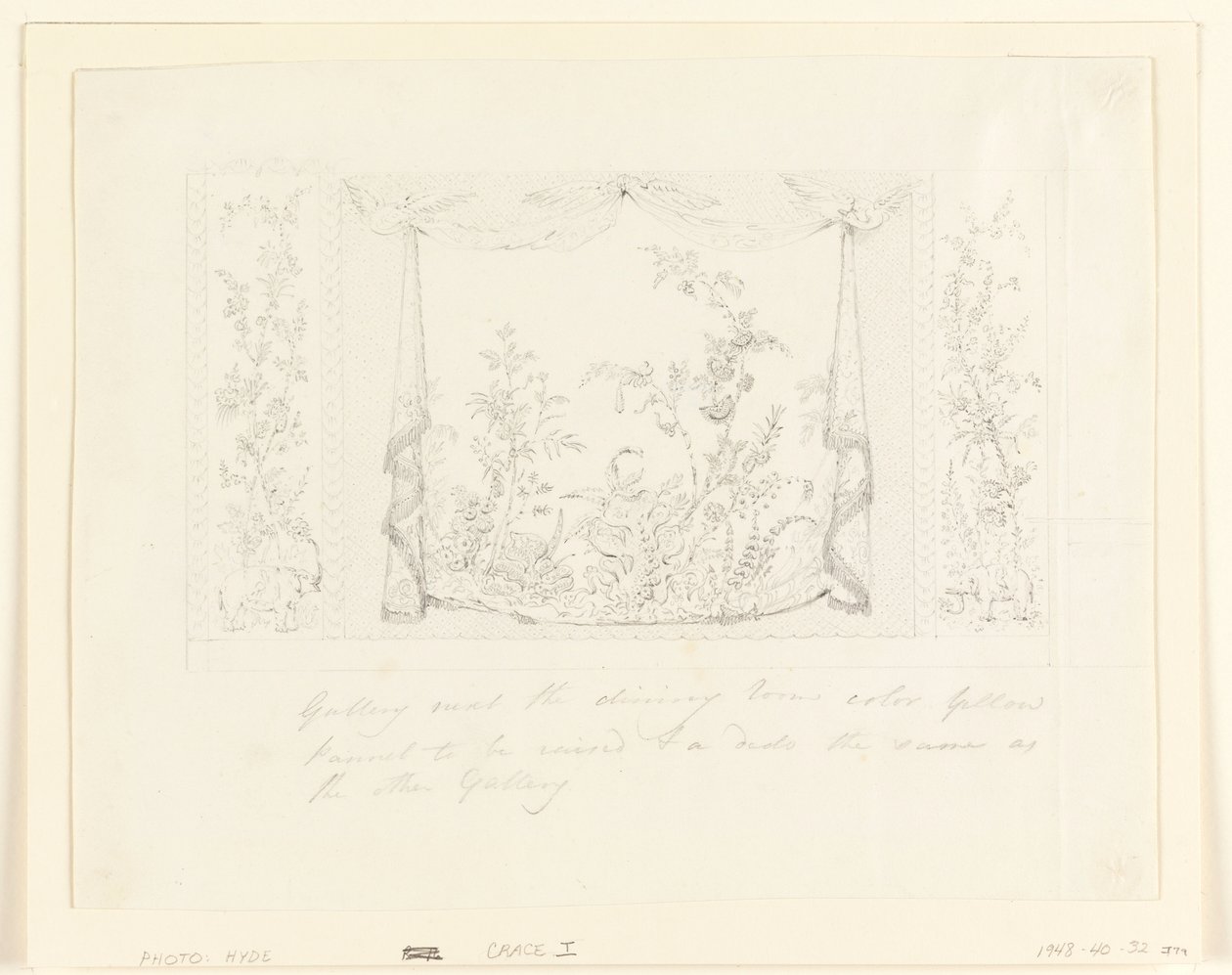 Ritning, The Royal Pavilion, Brighton, blå (södra) salongen, förslag till väggdekoration, ca 1820 av Frederick Crace