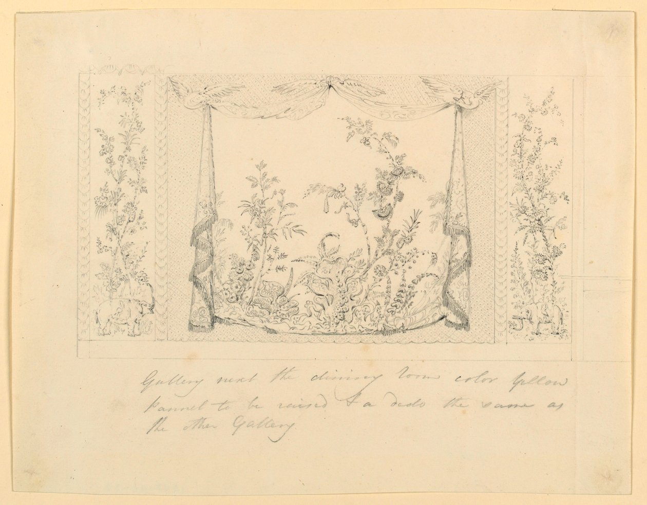 Ritning, The Royal Pavilion, Brighton, blå (södra) salongen, förslag till väggdekoration, ca 1820 av Frederick Crace