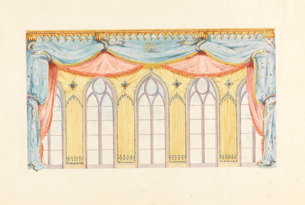 Ritning, fönsterdekoration, troligen till östra väggen i musikrummet, Royal Pavilion, Brighton, 1820 av Frederick Crace