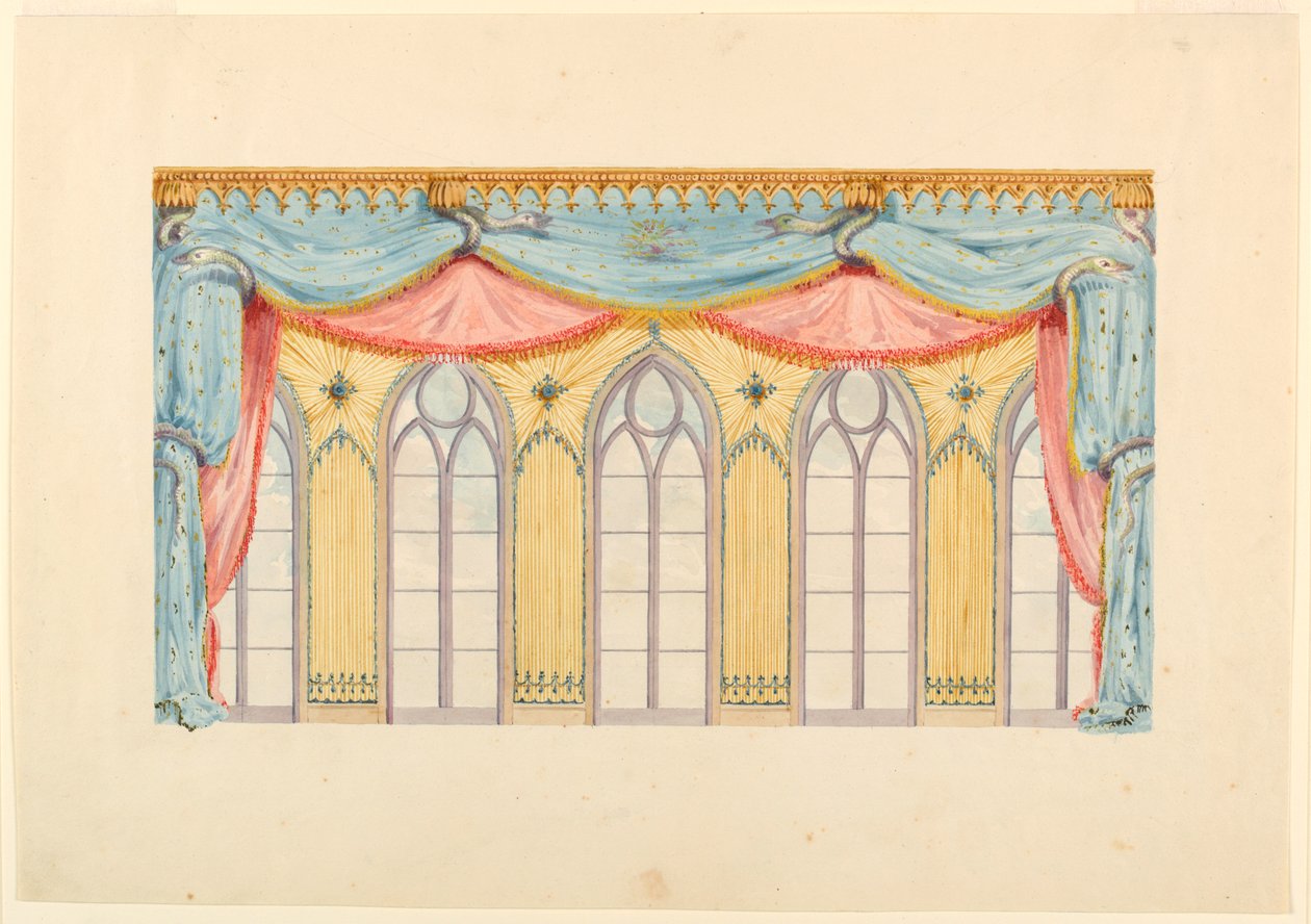 Ritning, fönsterdekoration, troligen till östra väggen i musikrummet, Royal Pavilion, Brighton, 1820 av Frederick Crace