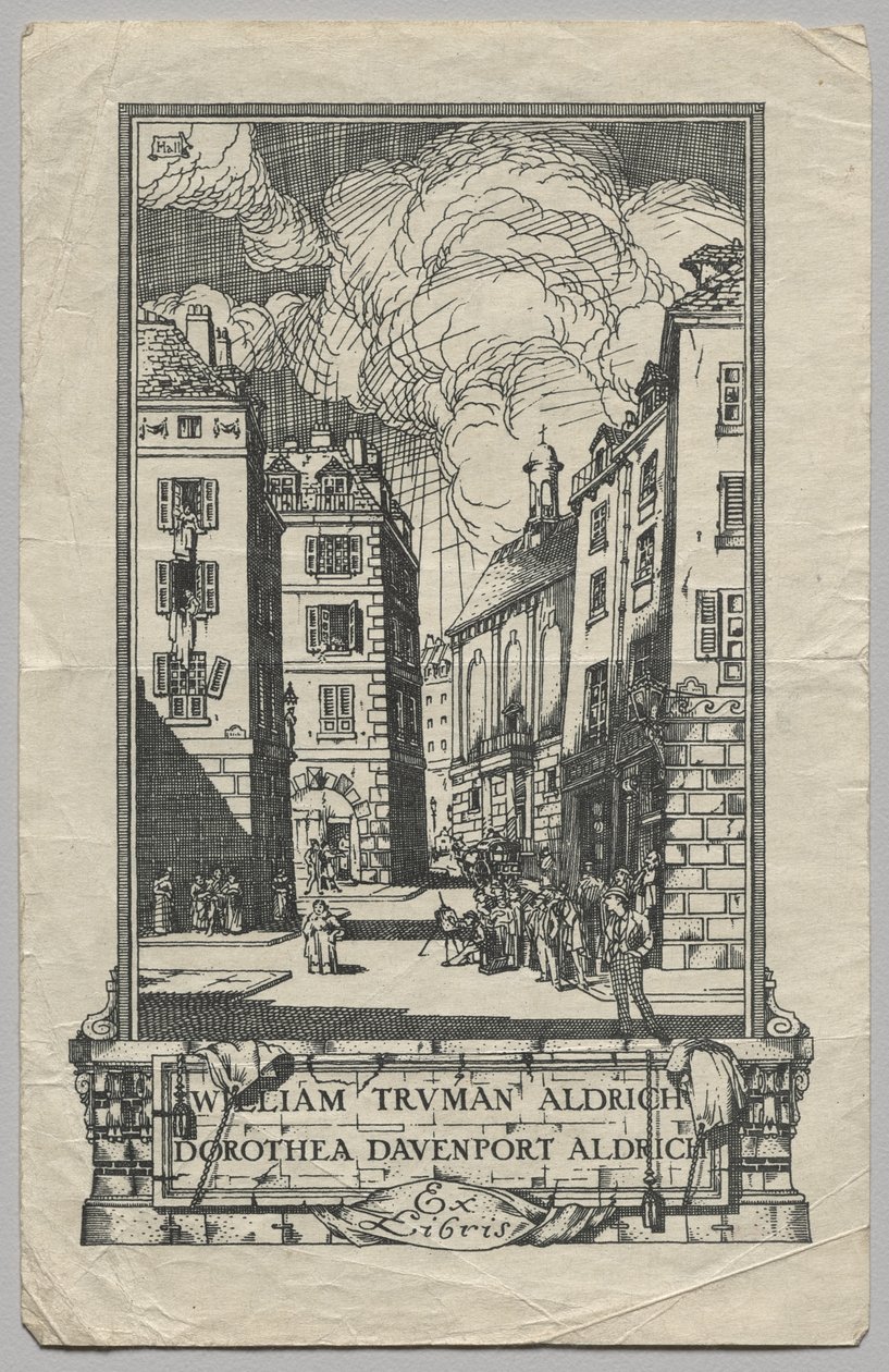 Bokskylt: William Truman Aldrich och Dorthea Davenport Aldrich, Ex Libris inskrivet av Frederick Garrison Hall