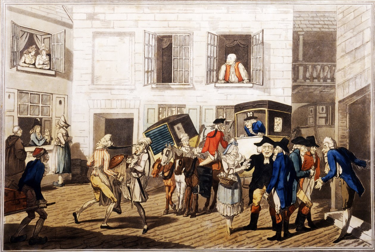Inn Yard at Calais, pub. av William Holland, London, 1790 (handfärgad akvatint) av Frederick George Byron