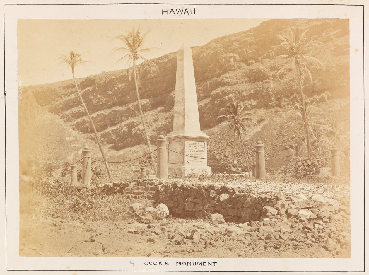 Pacific Station i HMS Triumph - Plåt 14, Cooks monument, Hawaii. av Frederick George Denham Bedford