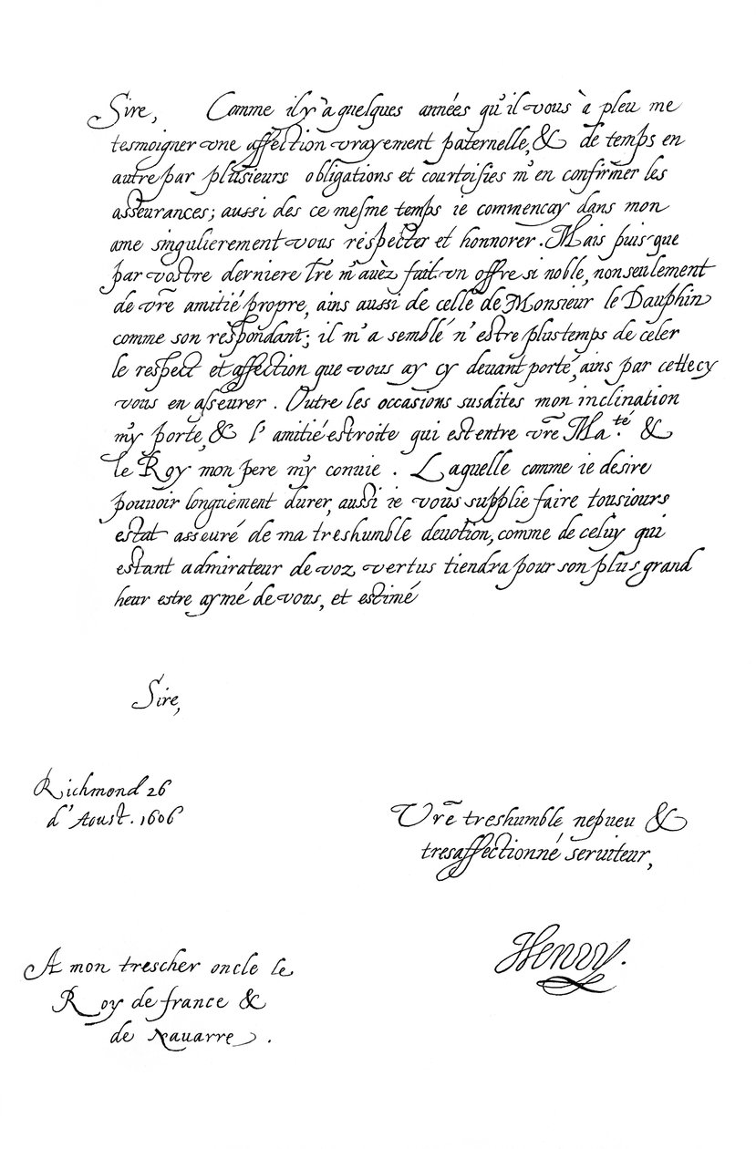 Brev av Henry Frederick, Prince of Wales, till kung Henrik IV av Frankrike, 1606 1865. av Frederick George Netherclift