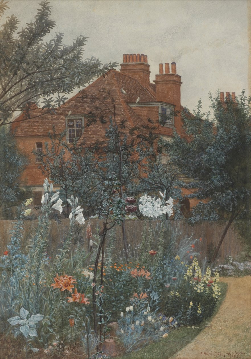 Utsikt över en trädgård i Bedford Park, 1885 av Frederick Hamilton Jackson