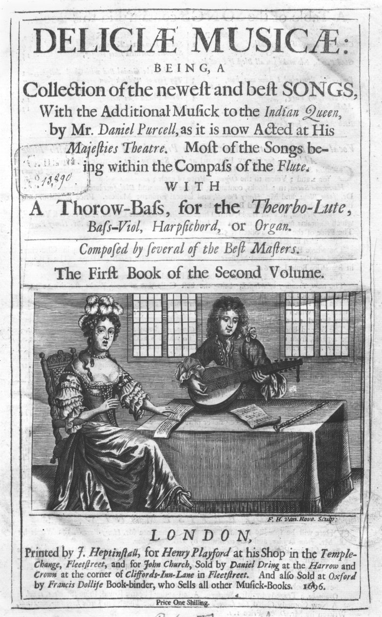 Titelblad till "Deliciae Musicae", tryckt av J. Heptinstall för Henry Playford, London 1696. av Frederick Hendrick van Hove