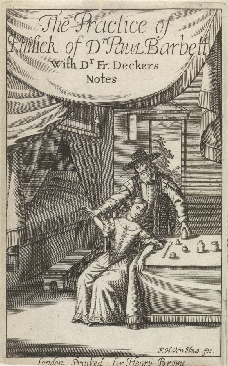 Läkare med ung kvinna i en interiör Titelsida för: Dekkers, F., The Practice of Phisick of Dr. Paul Barbett av Frederick Hendrick van den Hove