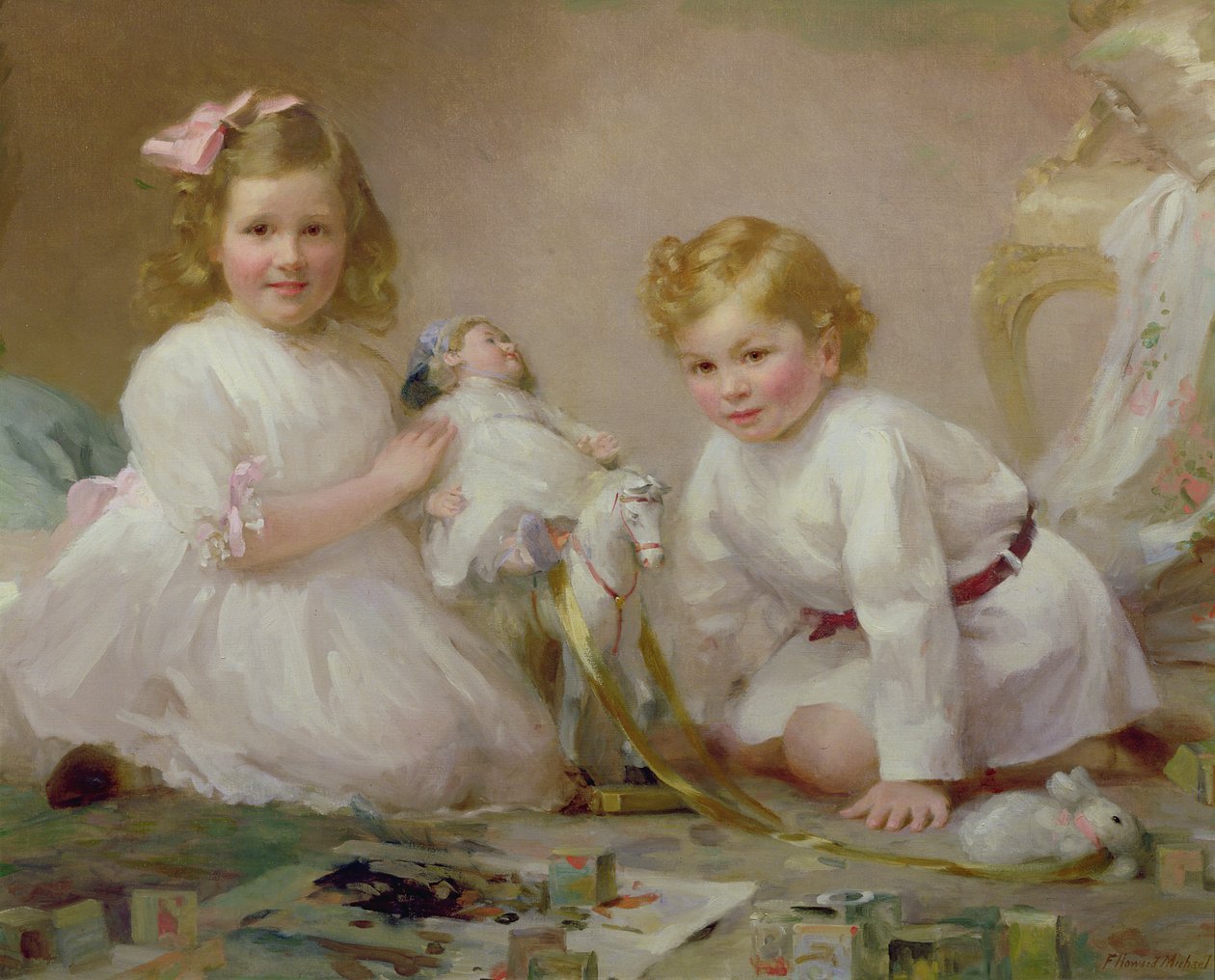 En bror och syster som spelar, 1915 av Frederick Howard Michael
