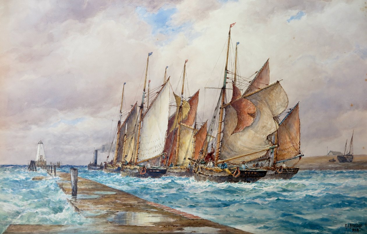 Rye Harbour, Sussex: Fiskeflottans avfärd (akvarell) av Frederick James Aldridge