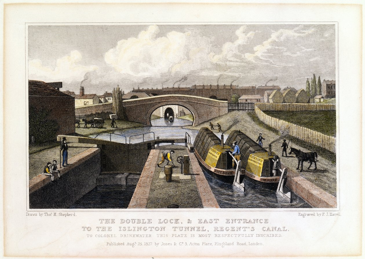 Dubbelslussen och östra ingången till Islington-tunneln, Regents Canal, 1827 av Frederick James Havell