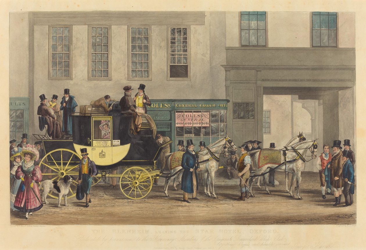 The Blenheim, Leaving the Star Hotel, Oxford av Frederick James Havell after George Havell