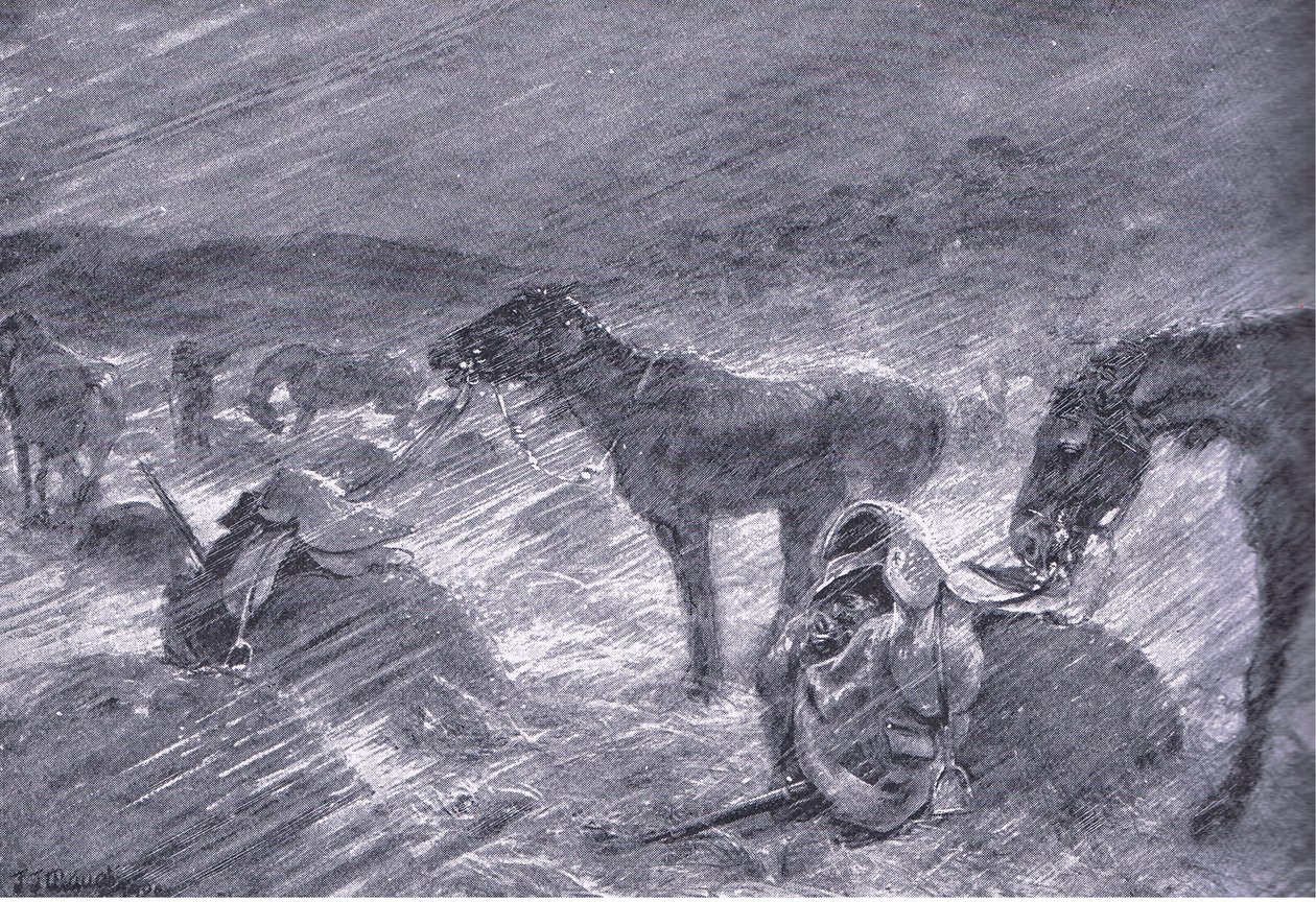 En sydafrikansk hagelstorm, från After Pretoria: The Guerilla War publicerad av Harmsworth Bros Limited, 1901 av Frederick Judd Waugh