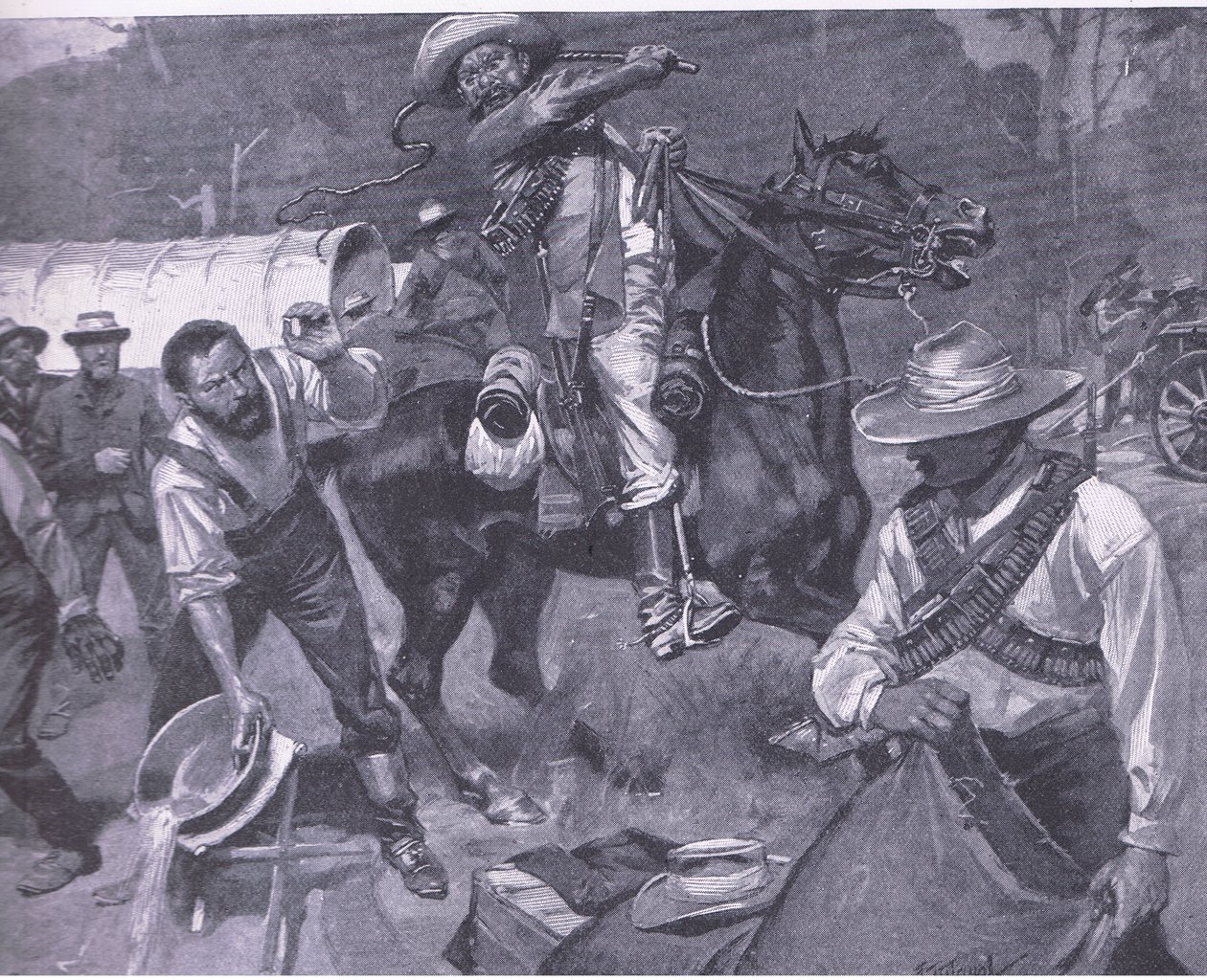 Boer behandling av fredssändebud: The flogging of Margendaal, från After Pretoria: The Guerilla War publicerad av Harmsworth Bros Limited, 1901 av Frederick Judd Waugh