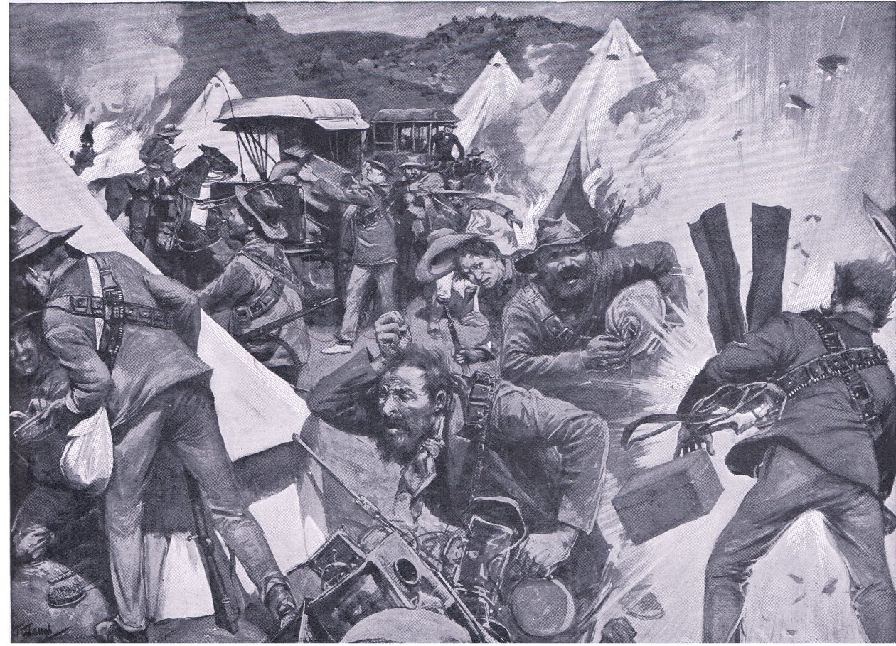 Boers som plundrar det brittiska lägret vid Nooitgedacht under artillerield, från After Pretoria: The Guerilla War publicerad av Harmsworth Bros Limited, 1901 av Frederick Judd Waugh