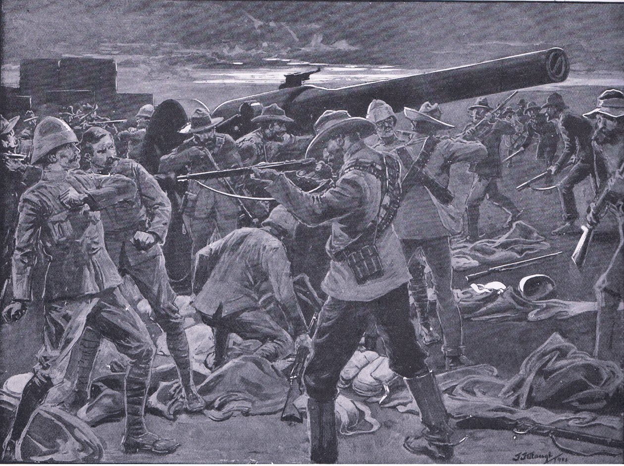 Attacken på Gun Hill: Gunners of the Naval 47 överraskade, från After Pretoria: The Guerilla War publicerad av Harmsworth Bros Limited, 1901 av Frederick Judd Waugh