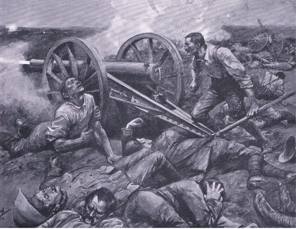 Försvaret av Dewetsdorp: arbetar en 15 pundare enhands, illustration från After Pretoria: The Guerilla War, 1902 av Frederick Judd Waugh