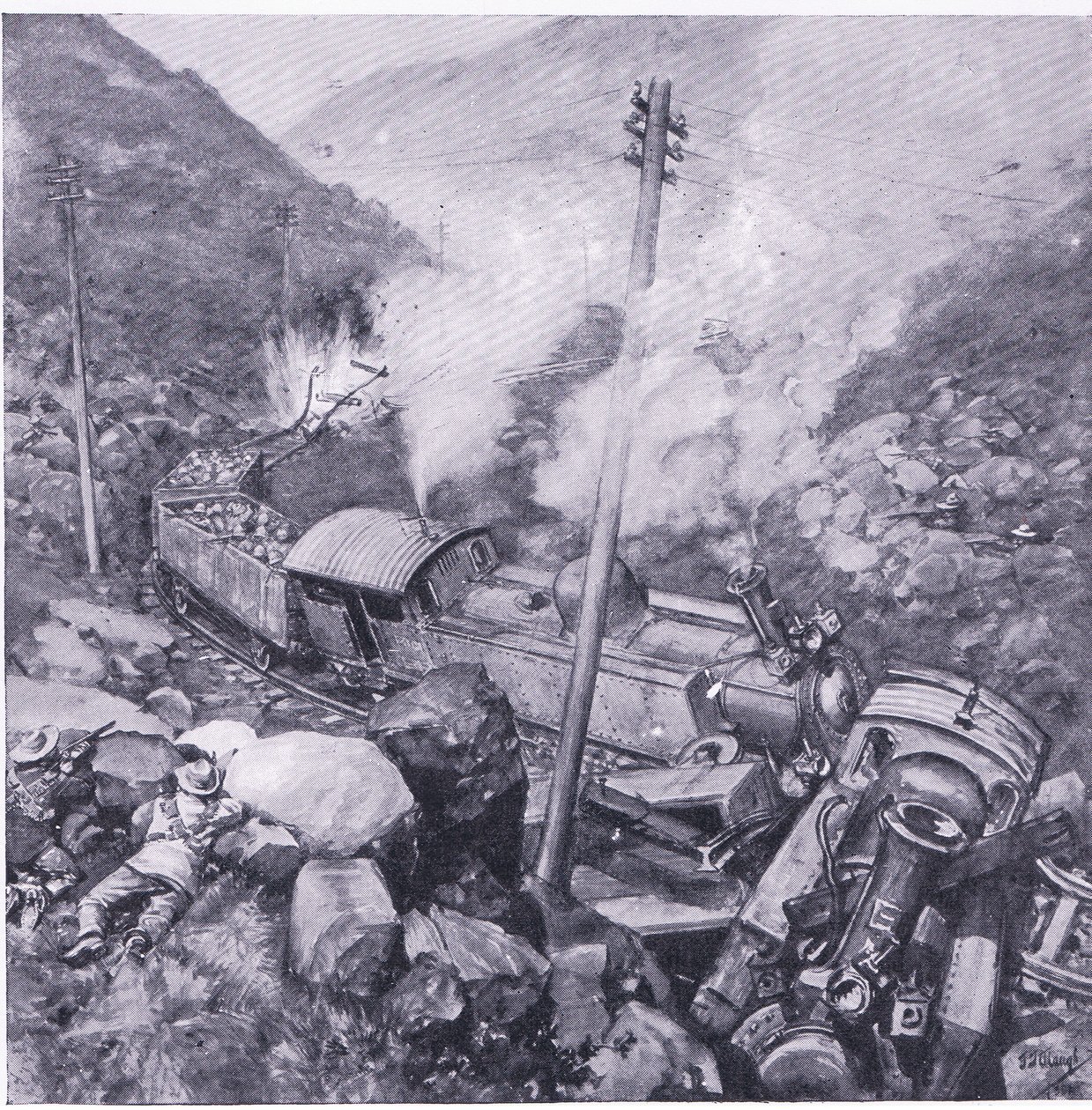Förstörelsen av ett pansartåg nära Vlakfontein, illustration från After Pretoria: The Guerilla War, 1902 av Frederick Judd Waugh