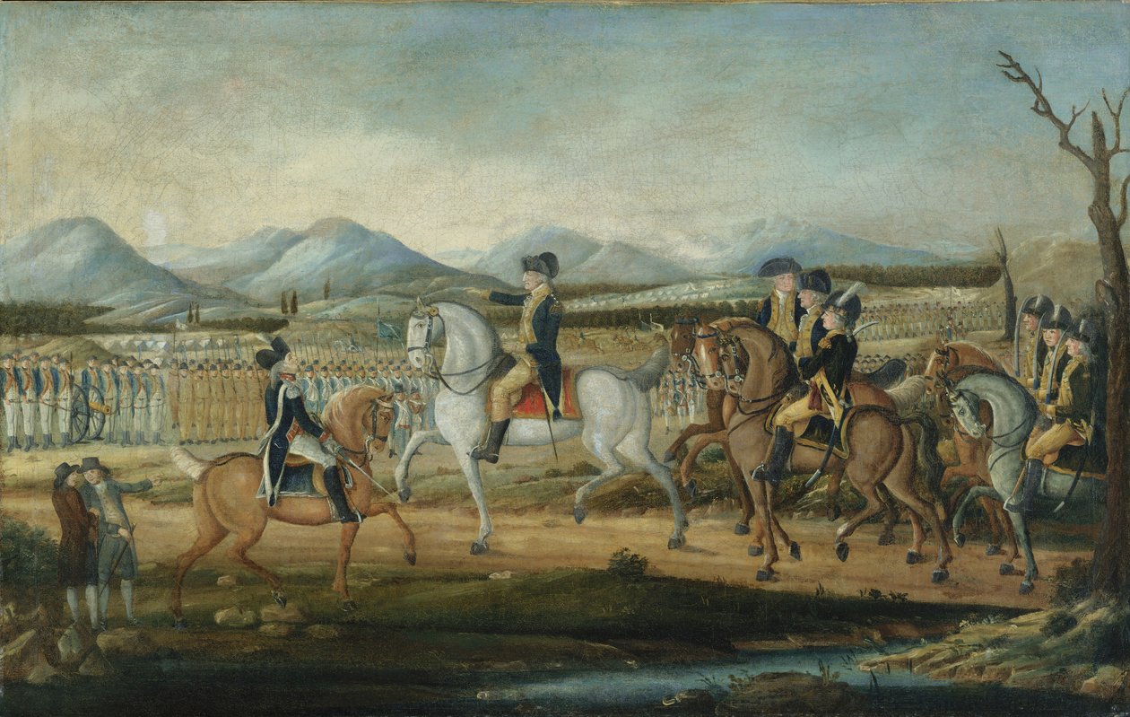 Washington granskar den västra armén i Fort Cumberland, Maryland, efter 1795. av Frederick Kemmelmeyer