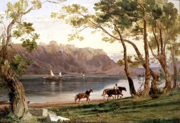 Flodlandskap med pråmhästar av Frederick Lee Bridell