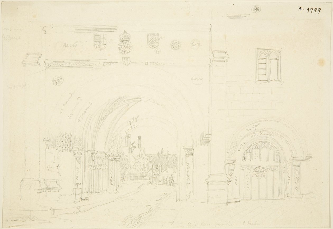 Abbey Gatehouse of Bristol Cathedral, Looking South (penna på papper) av Frederick Mackenzie